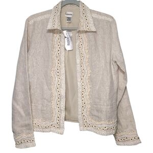 Chico’s Linen Embroidered Shine Gaille Jacket Khaki Size 0 US small‎ nwt